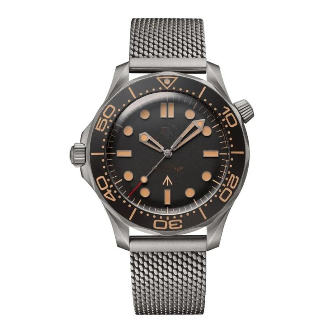 Tactical Diver 42 – Black Vintage Dial | Titanium Mesh Bracelet & Brown Aluminum Dive Bezel