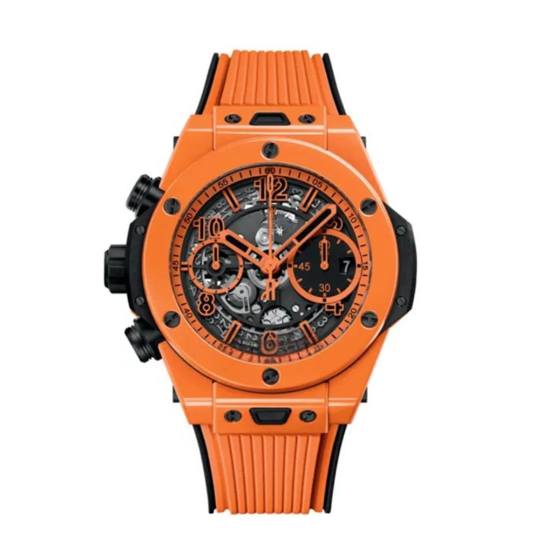 Fusion Chronograph 42 – Black Skeleton Dial | Orange Ceramic Case & Black Rubber Strap