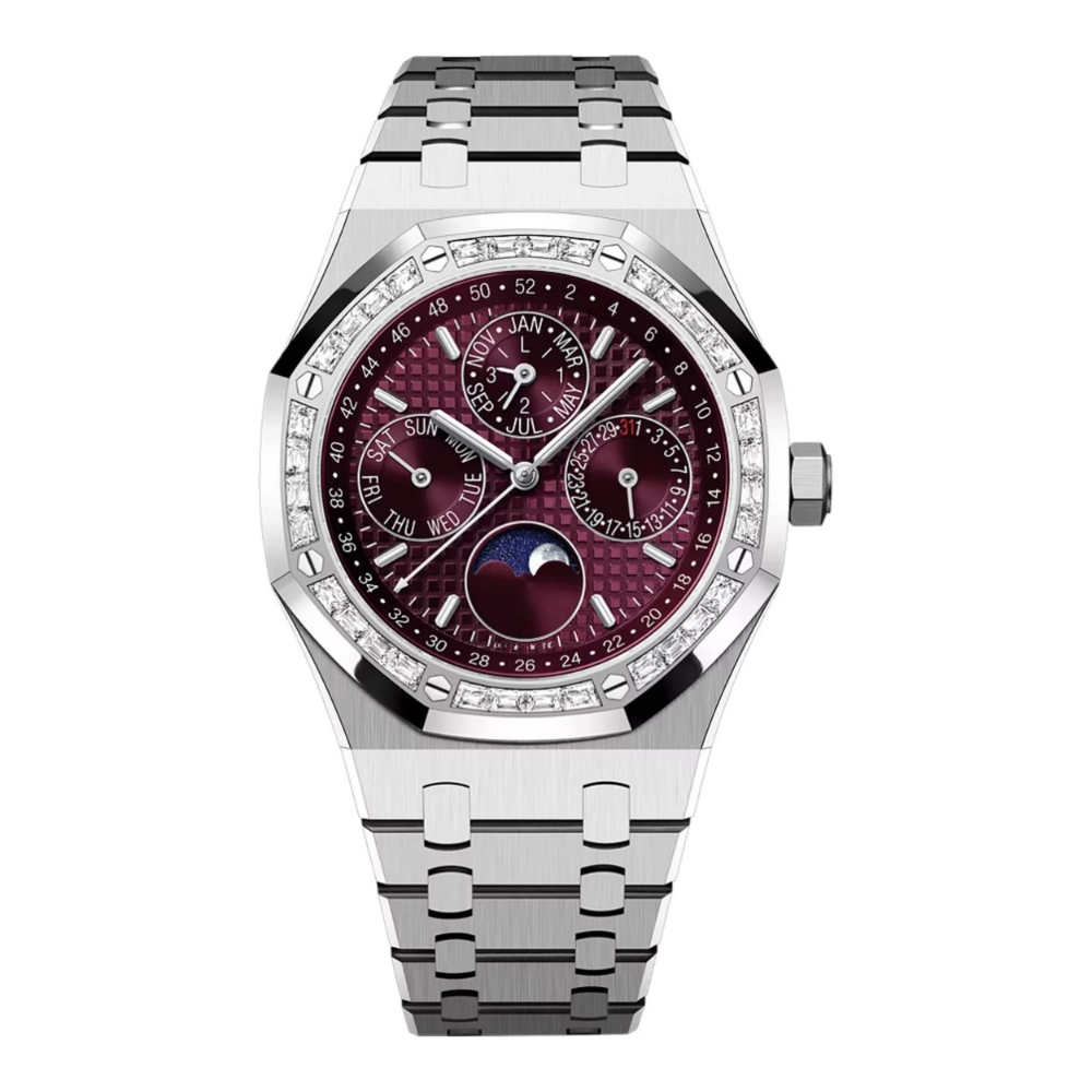 Annual Calendar 41 – Burgundy Dial | Diamond Bezel & Steel Bracelet